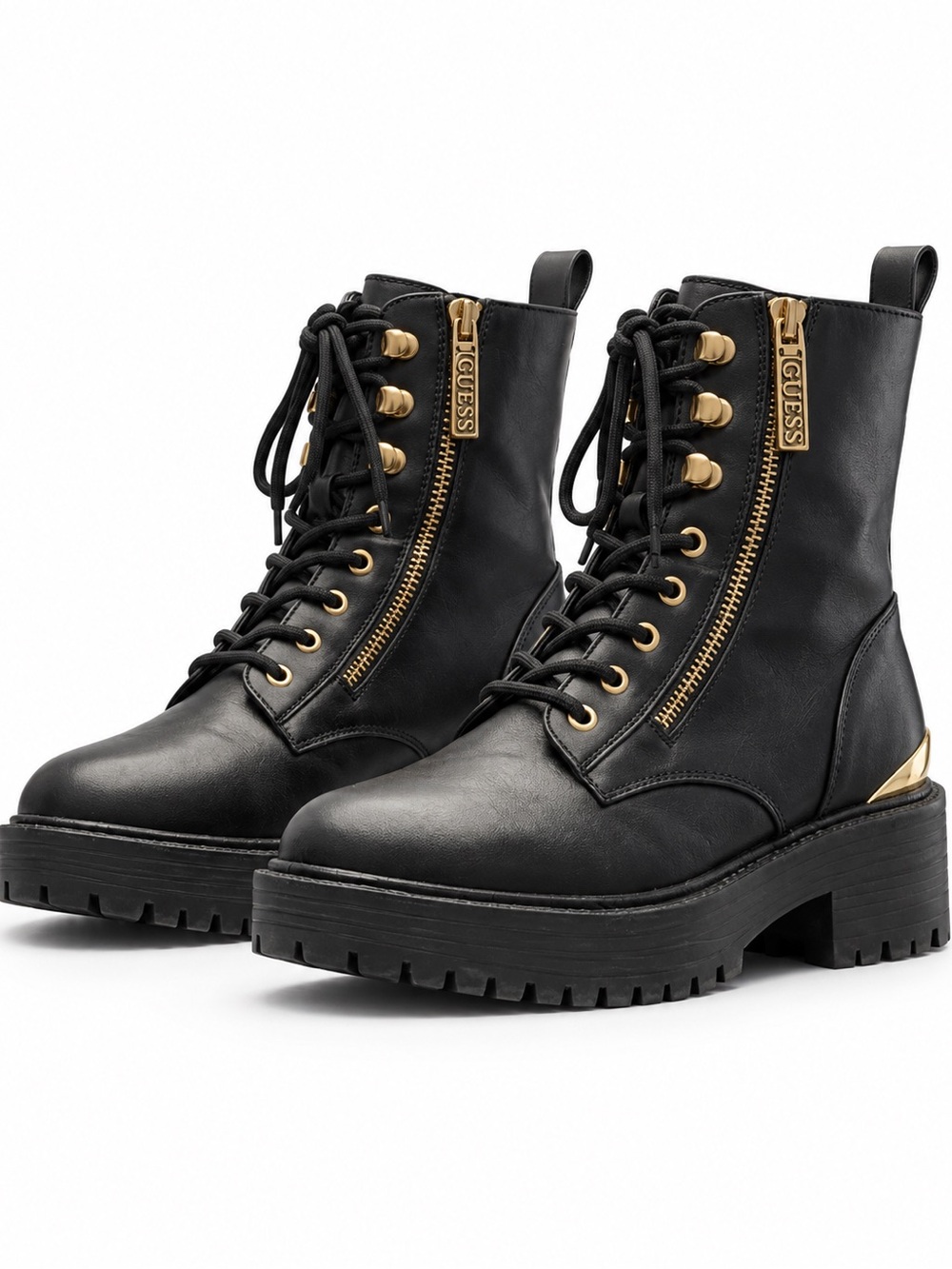 GUESS Women's Black Lace-Up Combat Boots with Gold Accents